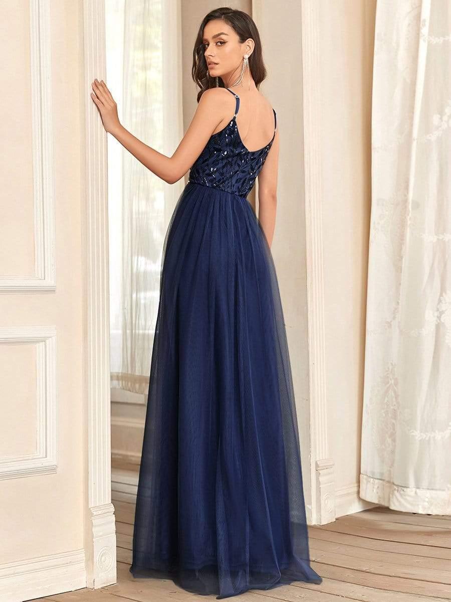 Robe demoiselle d'honneur en tulle à col en V et bretelles minces brodées au sol #Couleur_Bleu Marine