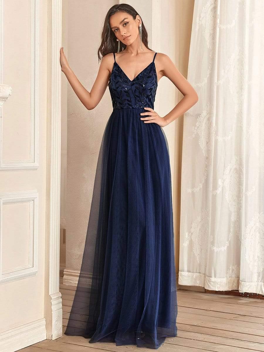 Robe demoiselle d'honneur en tulle à col en V et bretelles minces brodées au sol #Couleur_Bleu Marine