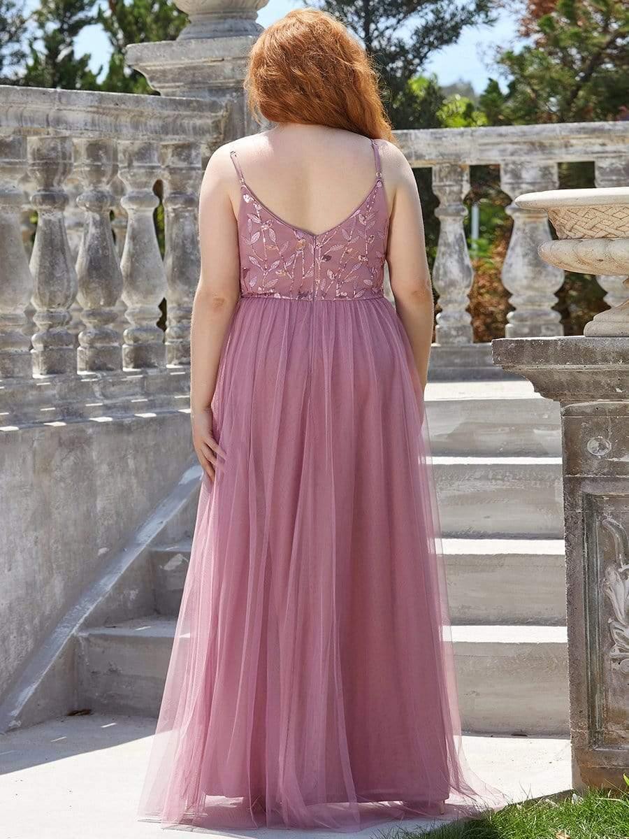 Robe mariage invitée maxi à bretelles minces à sequins et à col en V grande taille #Couleur_Orchidee