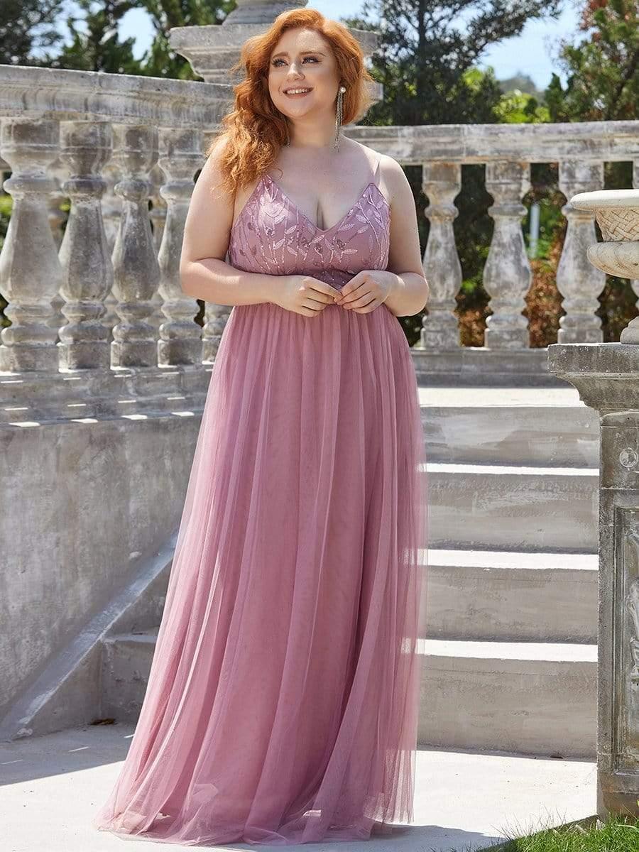Robe mariage invitée maxi à bretelles minces à sequins et à col en V grande taille #Couleur_Orchidee