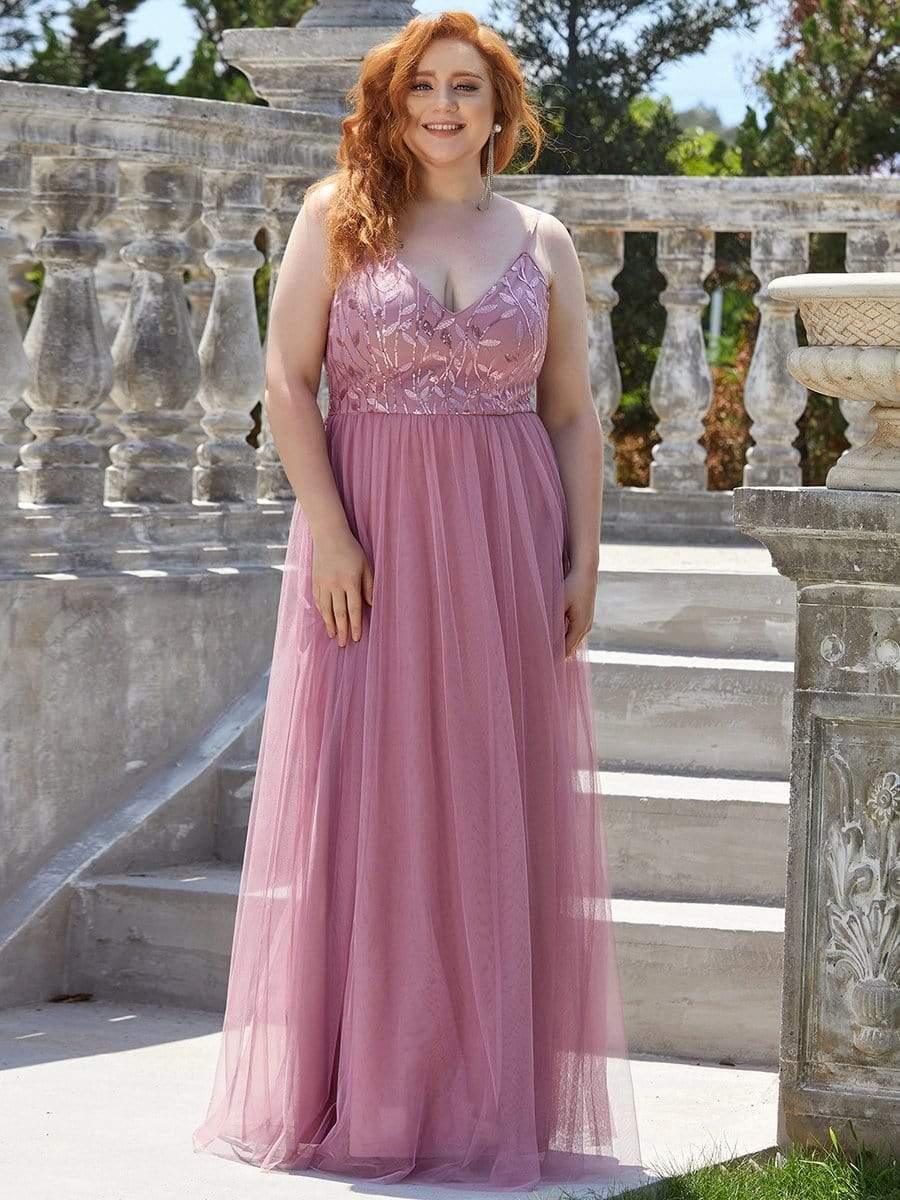 Robe mariage invitée maxi à bretelles minces à sequins et à col en V grande taille #Couleur_Orchidee