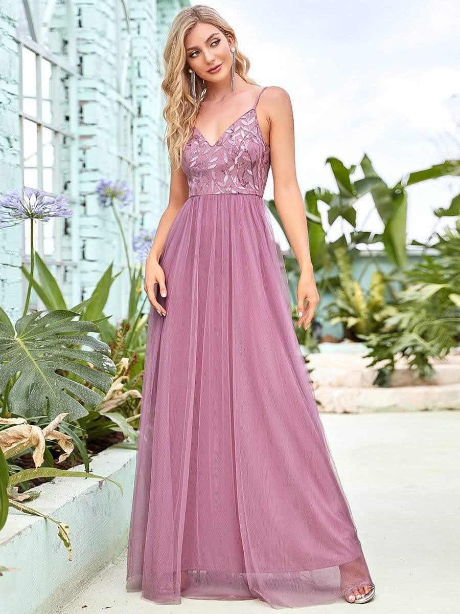 Robe demoiselle d'honneur en tulle à col en V et bretelles minces brodées au sol #Couleur_Orchidee