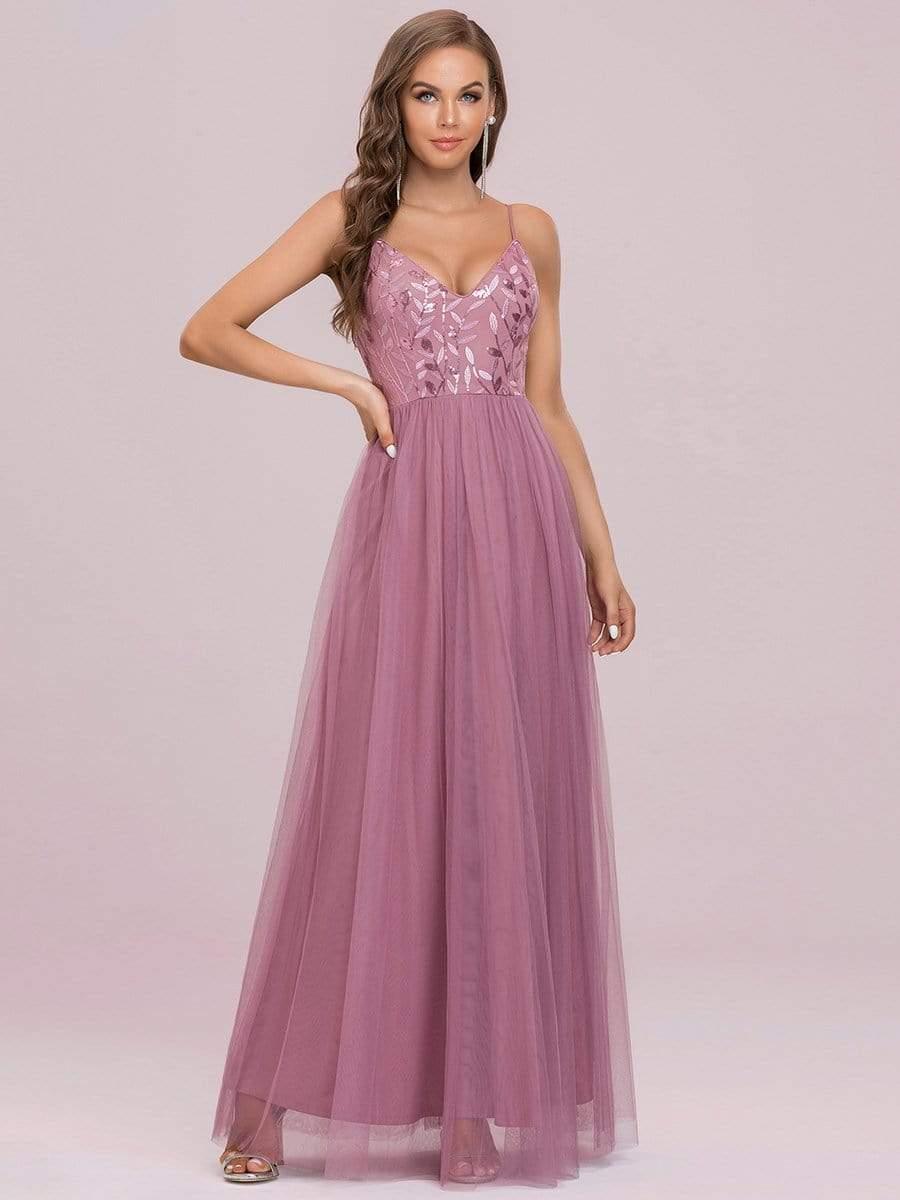 Robe demoiselle d'honneur en tulle à col en V et bretelles minces brodées au sol #Couleur_Orchidee
