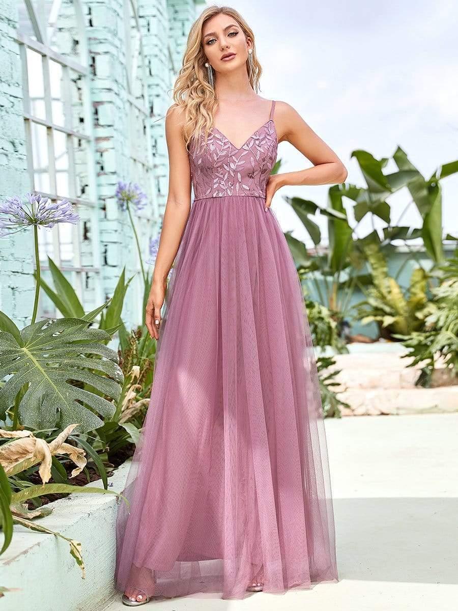 Robe demoiselle d'honneur en tulle à col en V et bretelles minces brodées au sol #Couleur_Orchidee