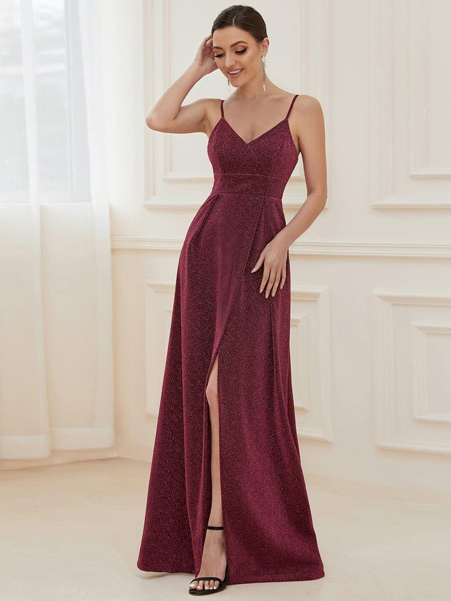 Robe de Bal longue col en V et bretelles fines scintillantes #Couleur_Bordeaux