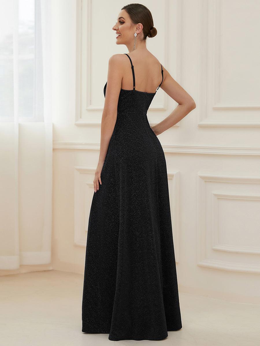 Robe de soirée longue vintage à col en V et bretelles spaghetti scintillantes #Couleur_Noir