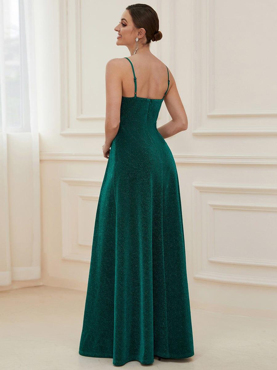 Robe de Bal longue col en V et bretelles fines scintillantes #Couleur_Vert Fonce