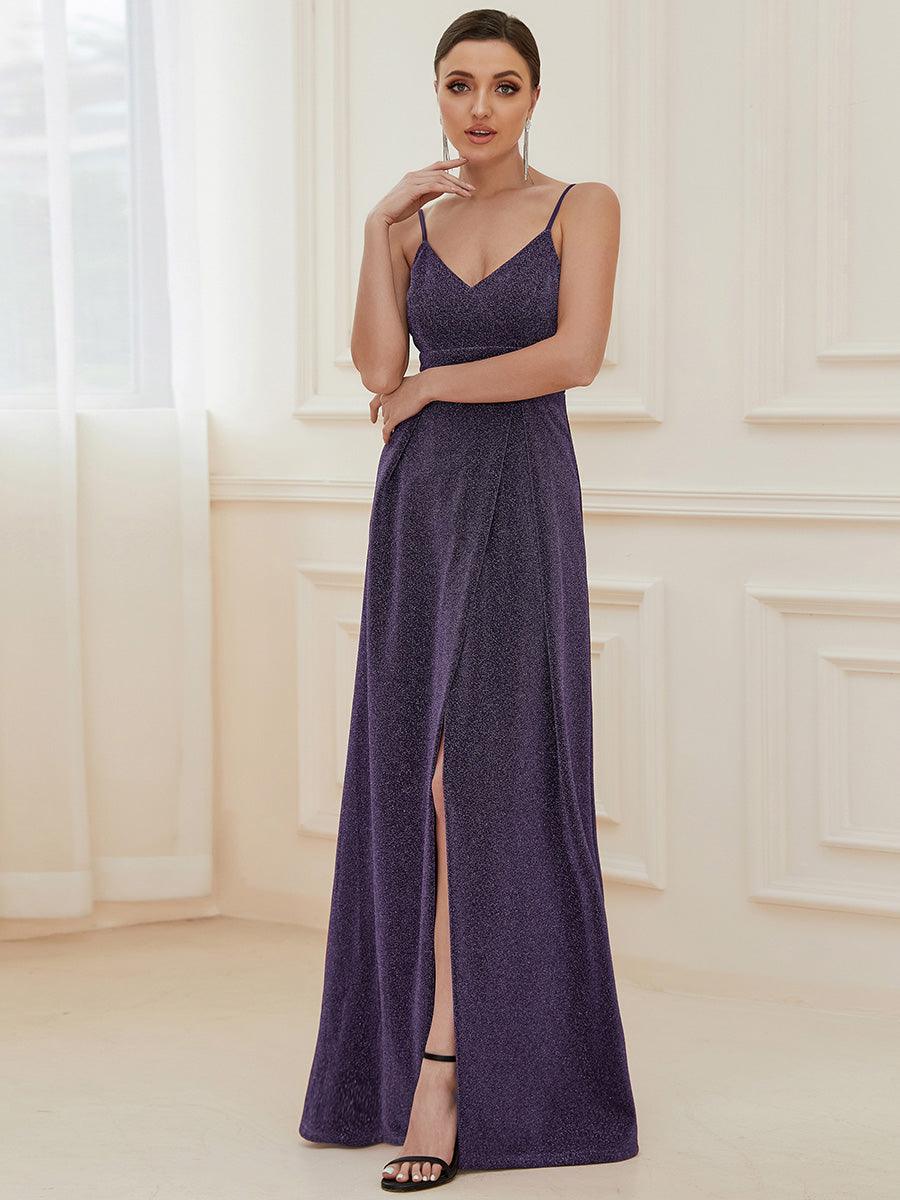 Robe de Bal longue col en V et bretelles fines scintillantes #Couleur_Violet Fonce