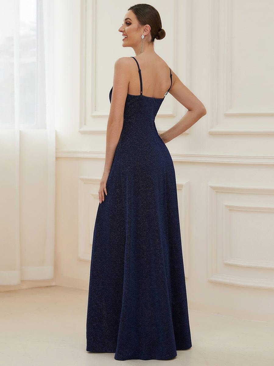 Robe de Bal longue col en V et bretelles fines scintillantes #Couleur_Bleu Marine