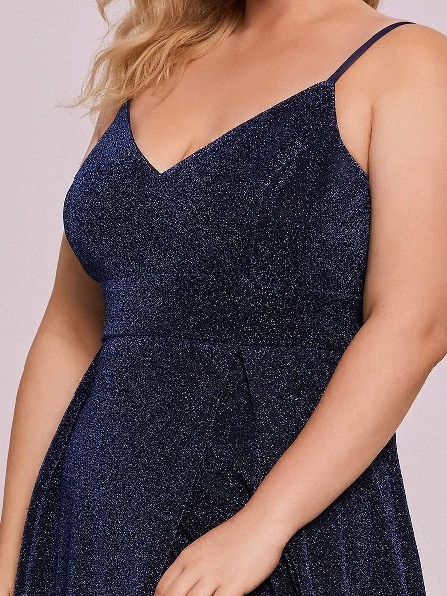 Robe de soirée longue vintage à col en V et bretelles spaghetti scintillantes #Couleur_Bleu Marine