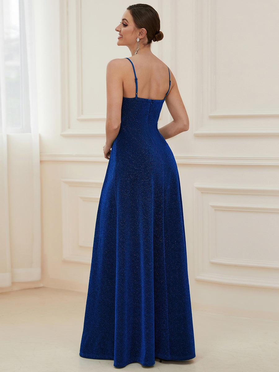 Robe de Bal longue col en V et bretelles fines scintillantes #Couleur_Bleu Saphir