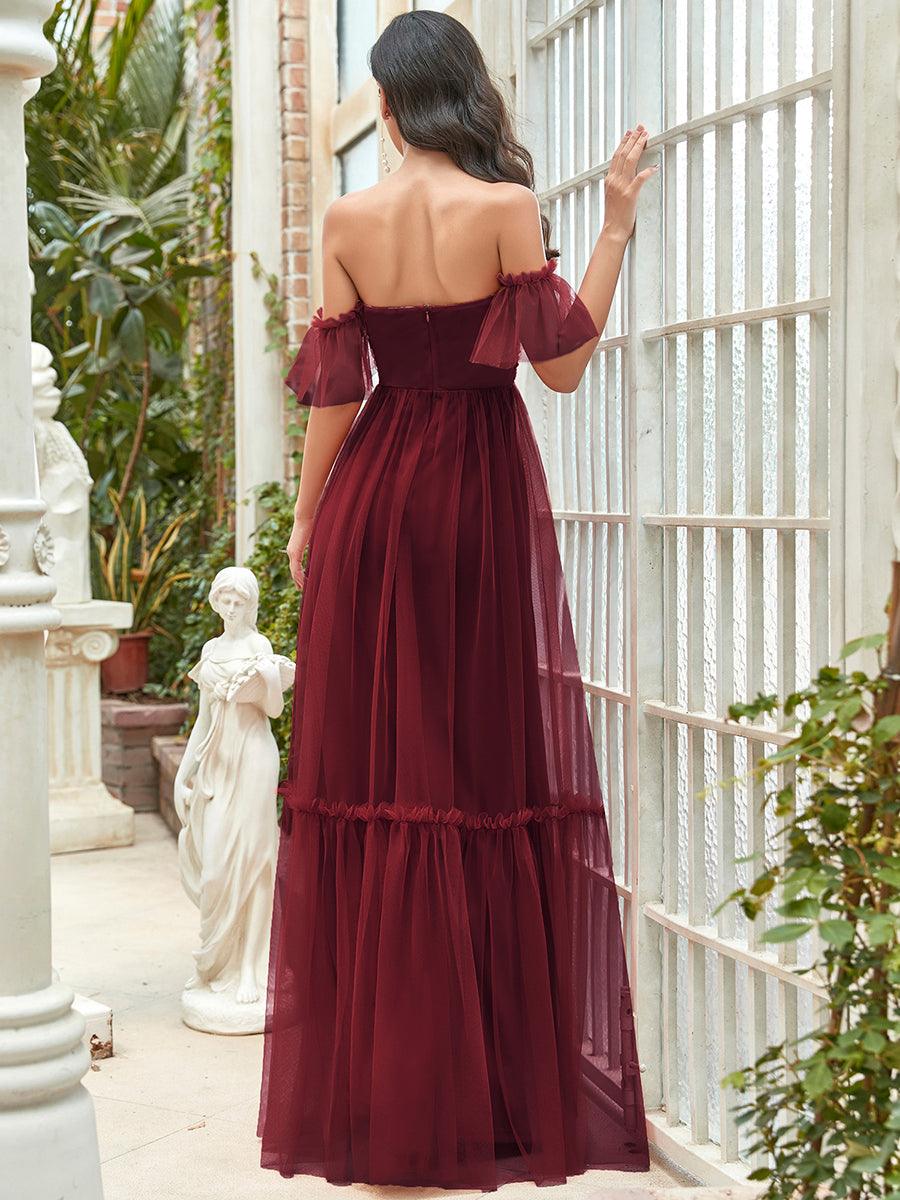 Robe de soirée en tulle plissée à épaules dénudées #Couleur_Bordeaux