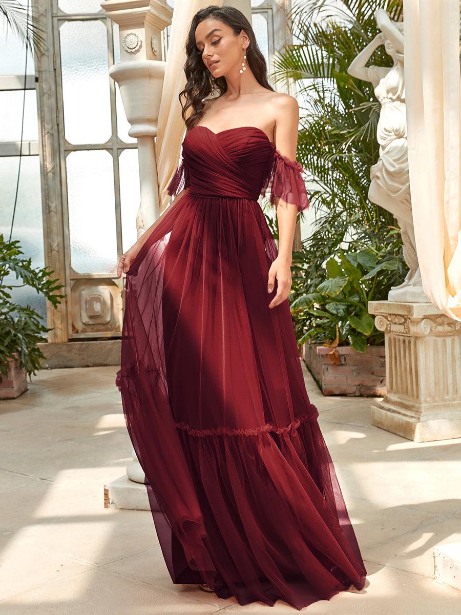 Robe de soirée en tulle plissée à épaules dénudées #Couleur_Bordeaux