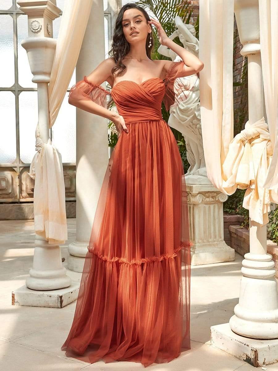 Robe de soirée en tulle plissée à épaules dénudées #Couleur_Burnt orange