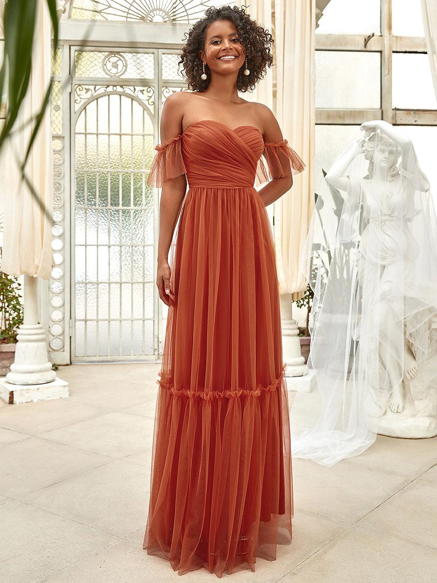 Robe de soirée en tulle plissée à épaules dénudées #Couleur_Burnt orange