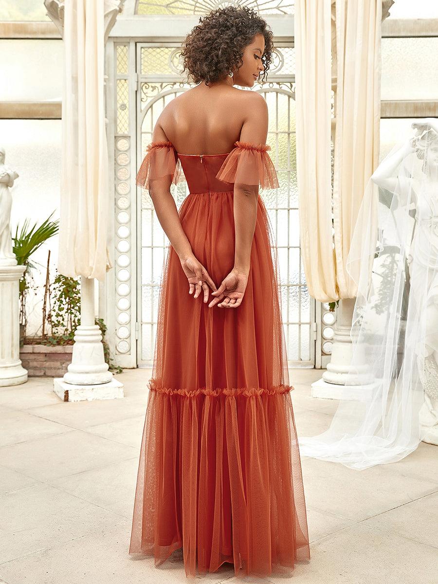 Robe de soirée en tulle plissée à épaules dénudées #Couleur_Burnt orange