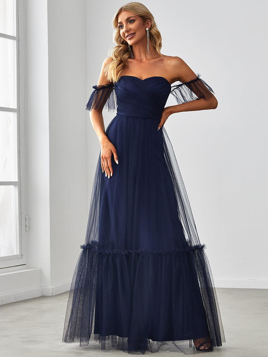 Robe de soirée en tulle plissée à épaules dénudées #Couleur_Bleu Marine