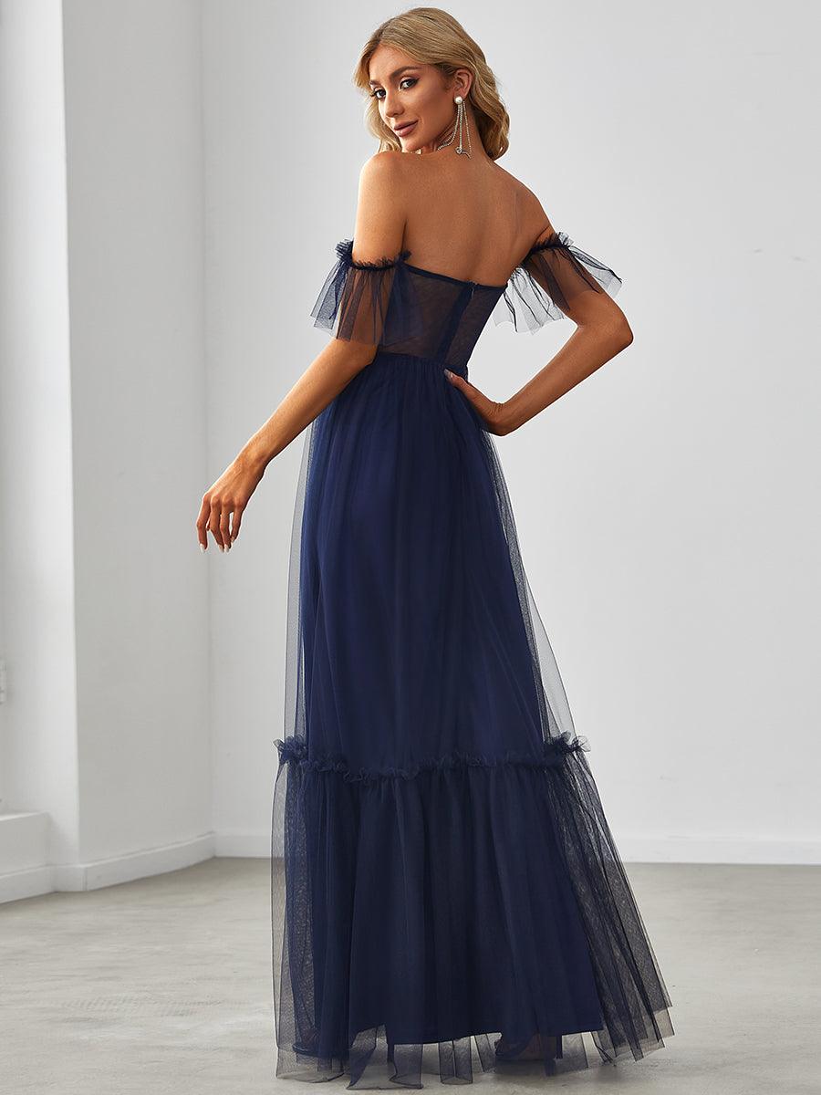 Robe de soirée en tulle plissée à épaules dénudées #Couleur_Bleu Marine