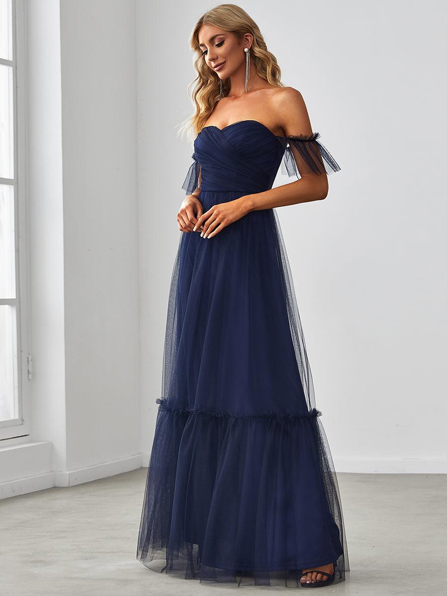 Robe de soirée en tulle plissée à épaules dénudées #Couleur_Bleu Marine