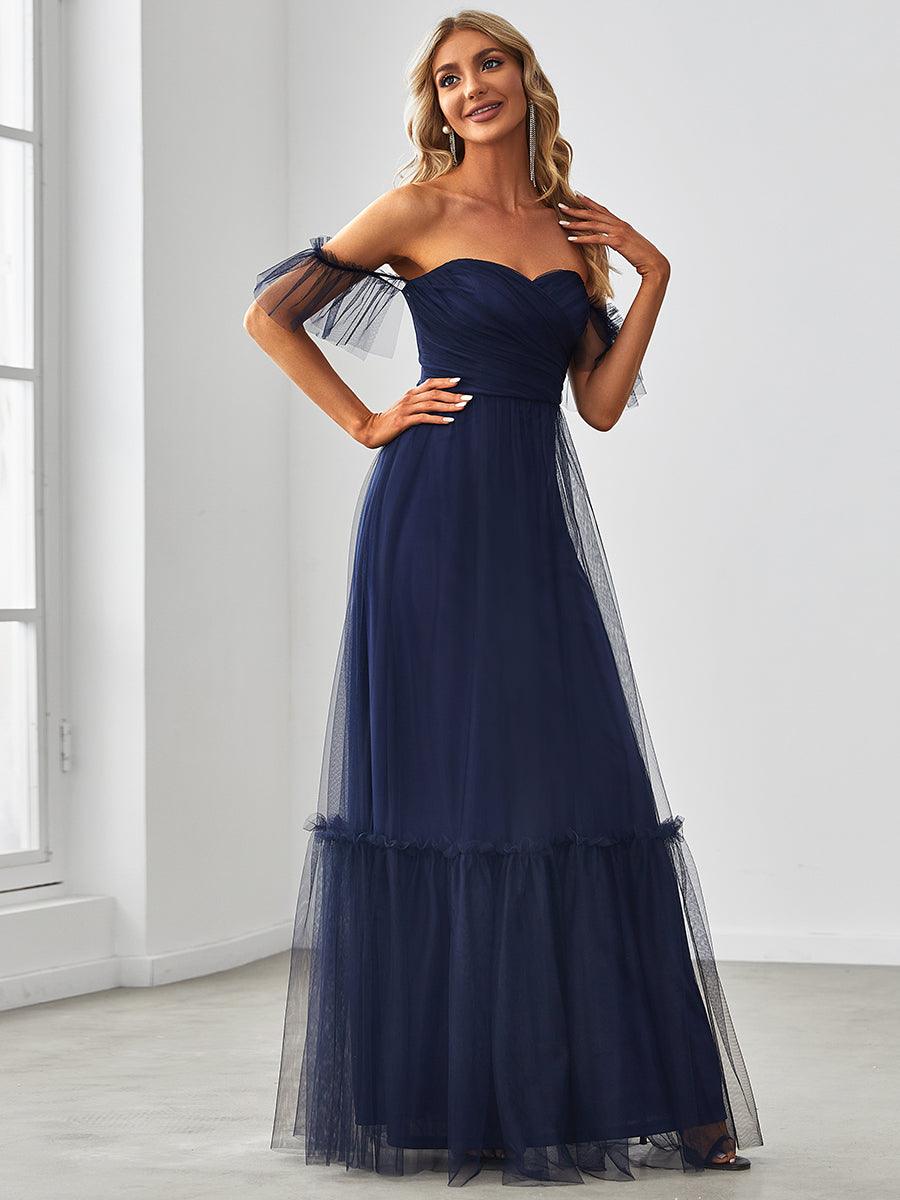 Robe de soirée en tulle plissée à épaules dénudées #Couleur_Bleu Marine