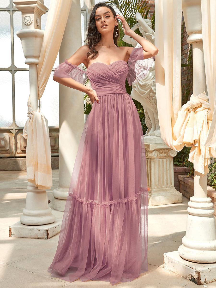 Robe de soirée en tulle plissée à épaules dénudées #Couleur_Orchidee