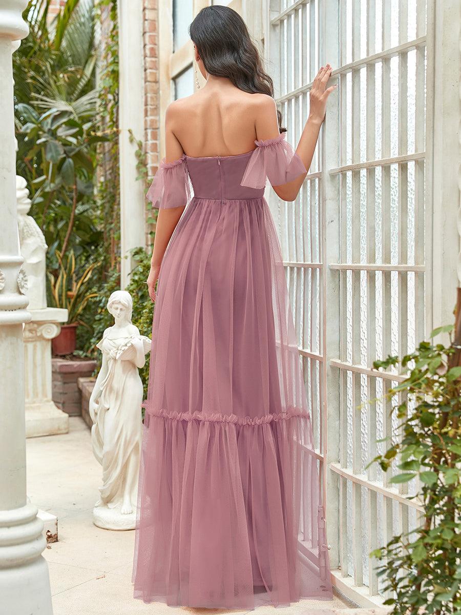 Robe de soirée en tulle plissée à épaules dénudées #Couleur_Orchidee