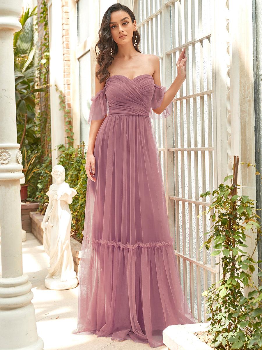 Robe de soirée en tulle plissée à épaules dénudées #Couleur_Orchidee