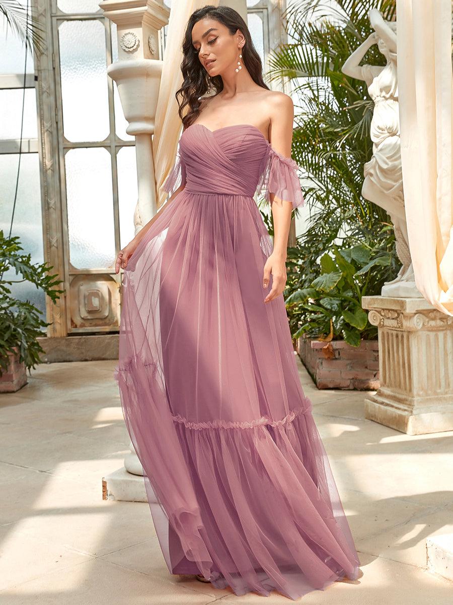 Robe de soirée en tulle plissée à épaules dénudées #Couleur_Orchidee