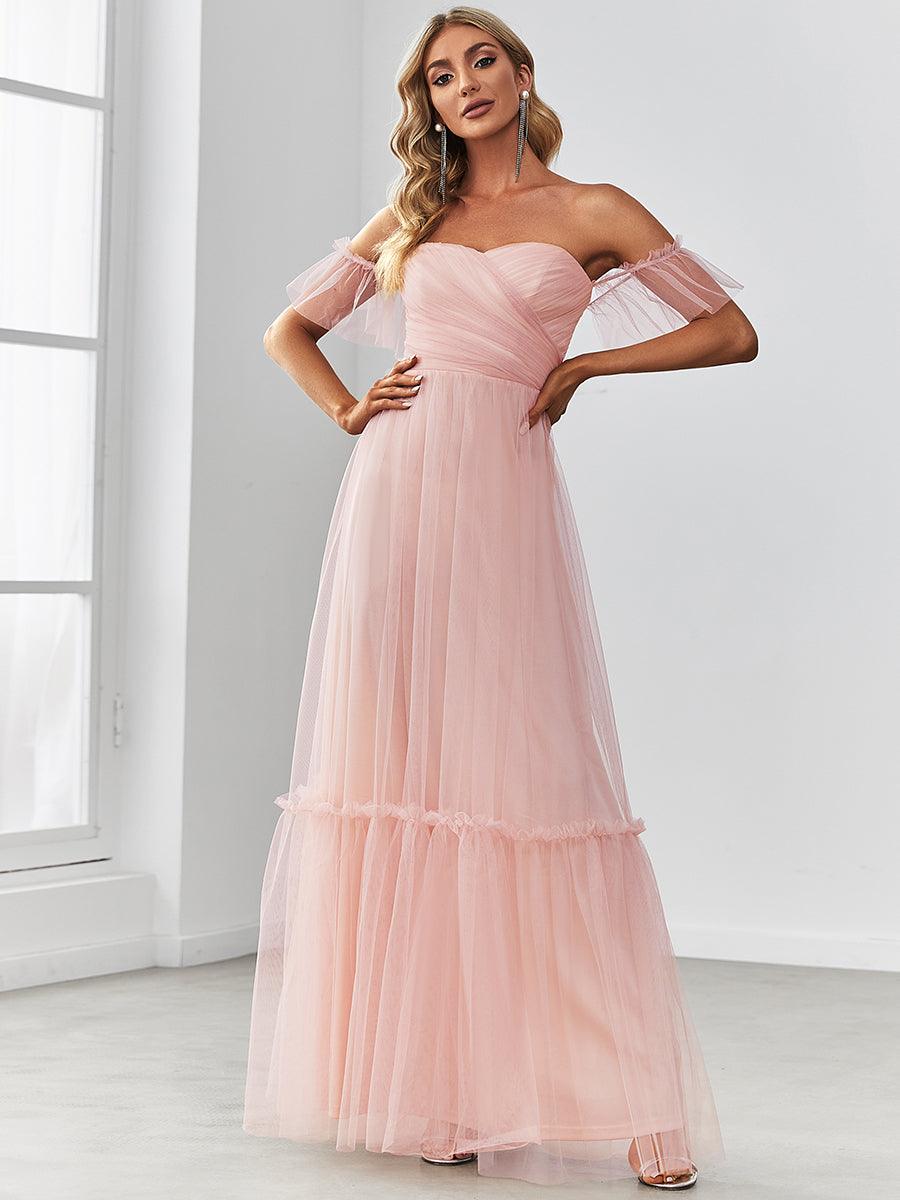 Robe de soirée en tulle plissée à épaules dénudées #Couleur_Rose