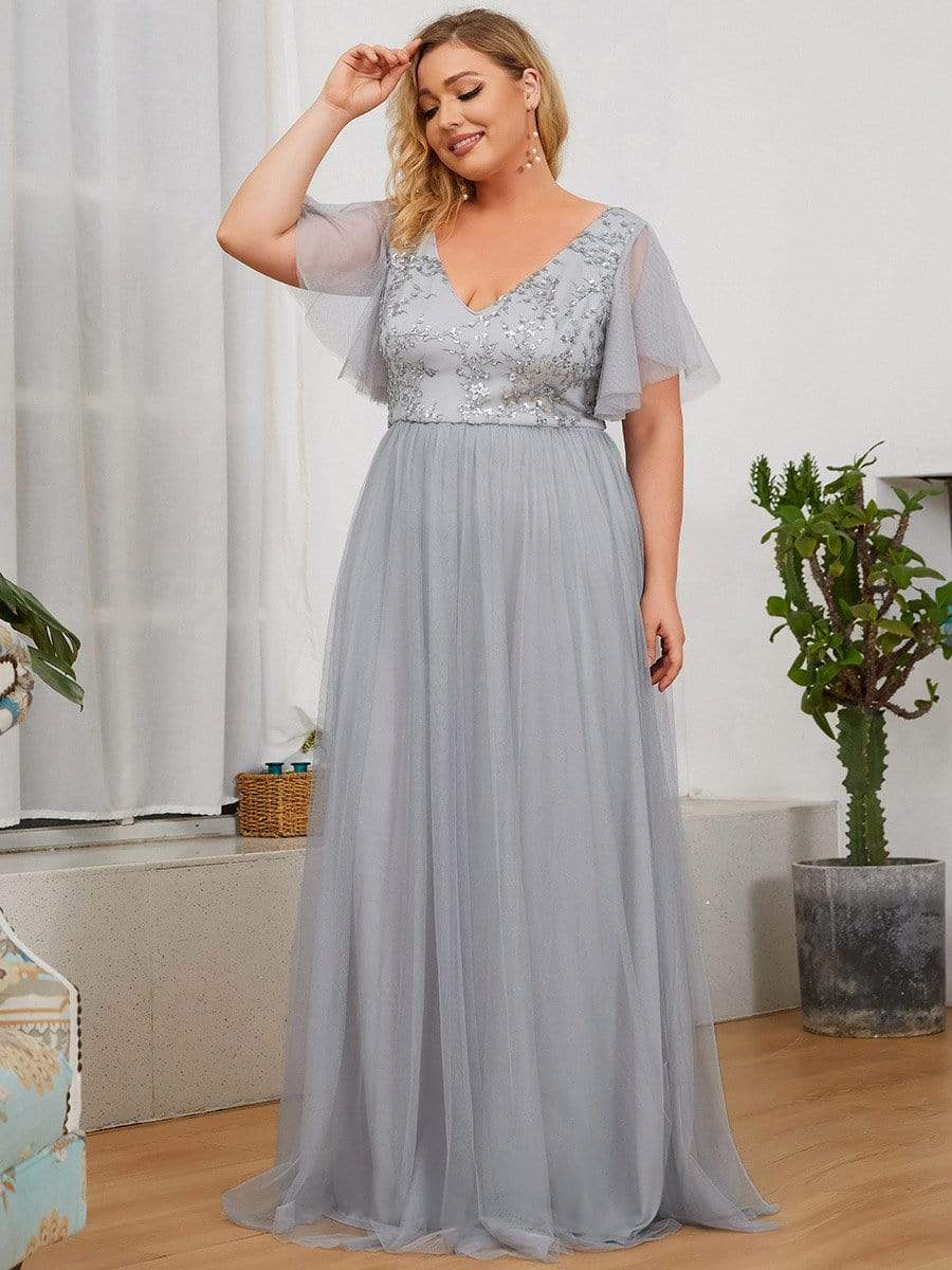 Robe de soirée à manches flottantes et à col en V de grande taille