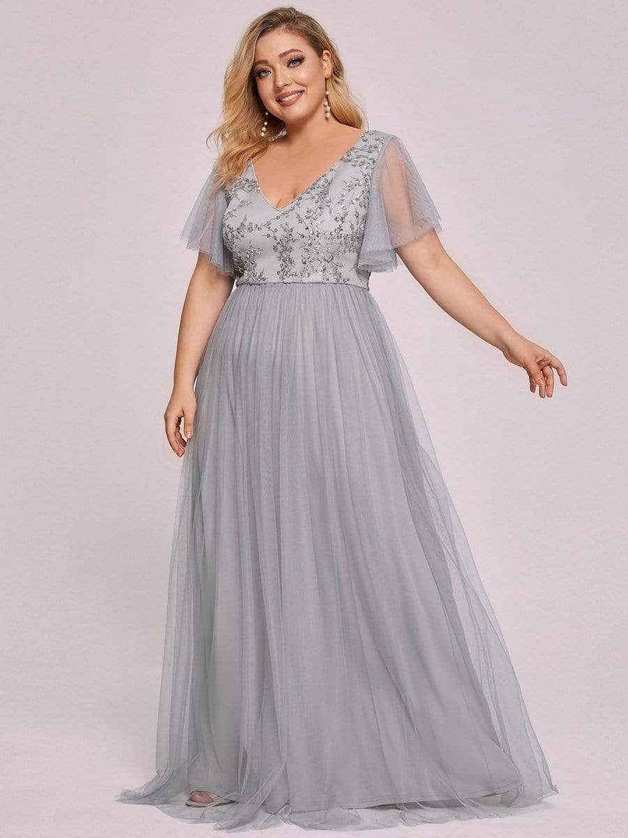 Robe de soirée à manches flottantes et à col en V de grande taille