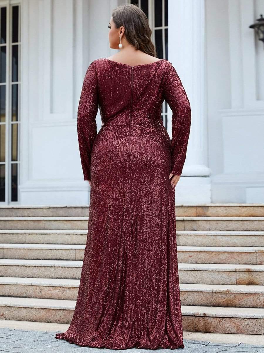 Robe de soirée à manches longues et à sequins #Couleur_Bordeaux