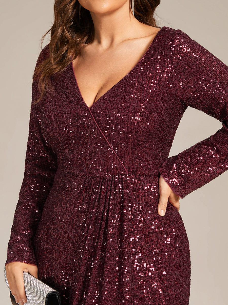Robe de soirée manches longues col en V à sequins ourlet asymétrique #Couleur_Bordeaux