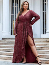 Robe de soirée à manches longues et à sequins #Couleur_Bordeaux