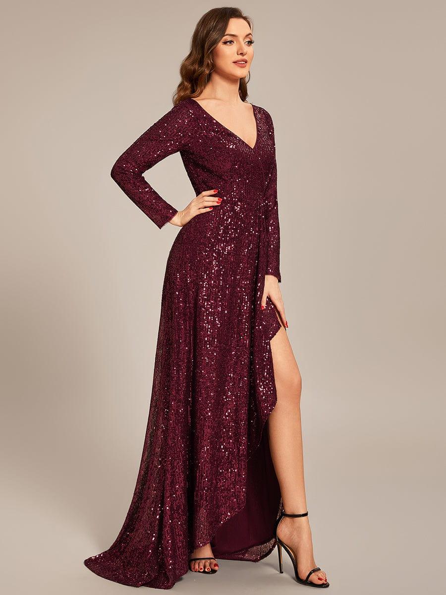 Robe de soirée manches longues col en V à sequins ourlet asymétrique #Couleur_Bordeaux