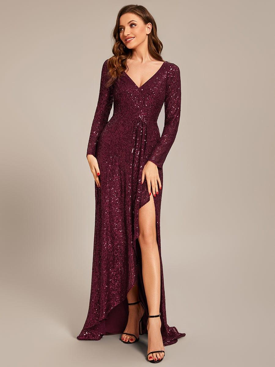 Robe de soirée manches longues col en V à sequins ourlet asymétrique #Couleur_Bordeaux