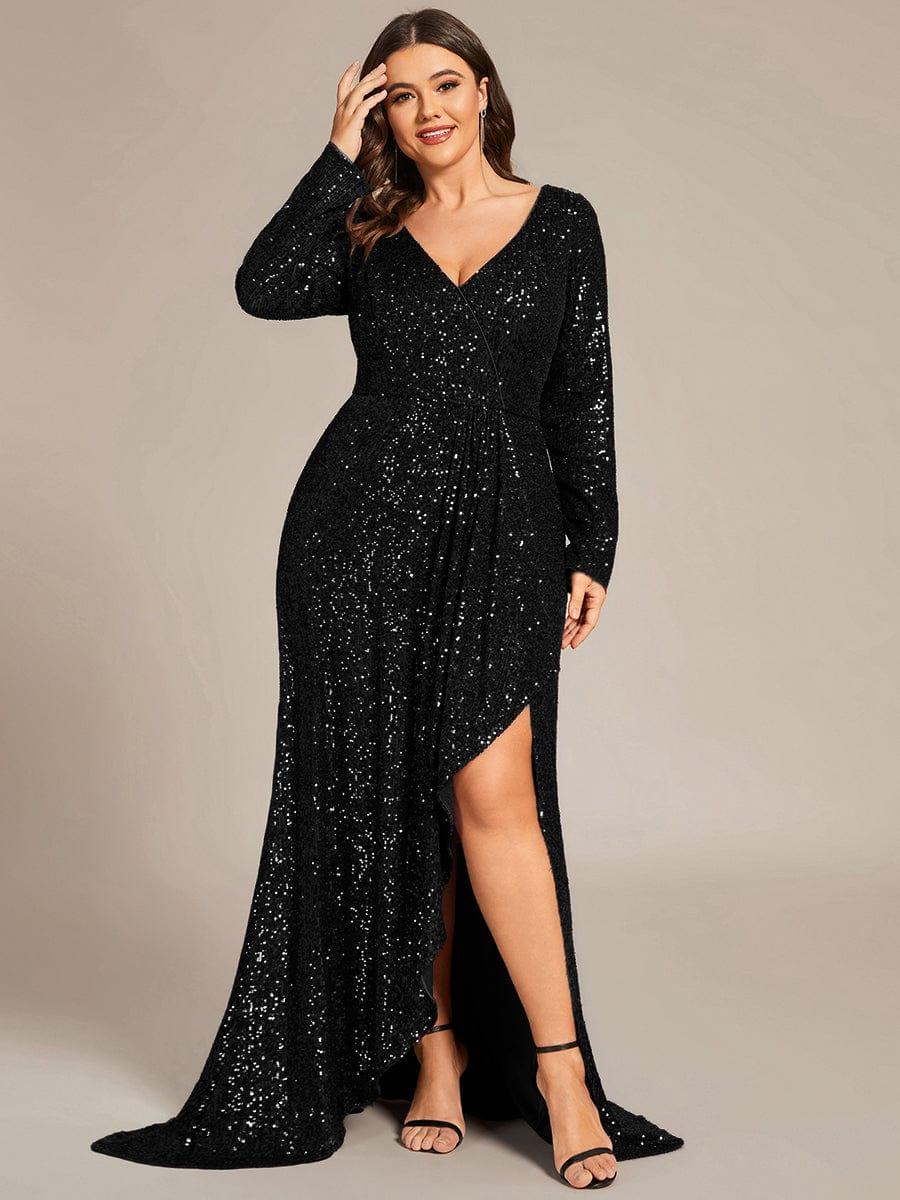 Robe de soirée manches longues col en V à sequins ourlet asymétrique #Couleur_Noir