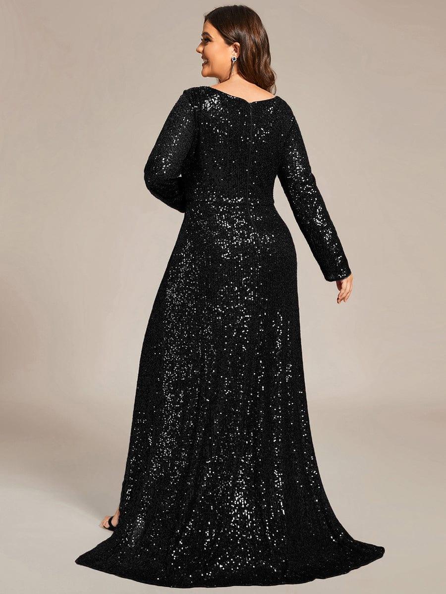 Robe de soirée manches longues col en V à sequins ourlet asymétrique #Couleur_Noir