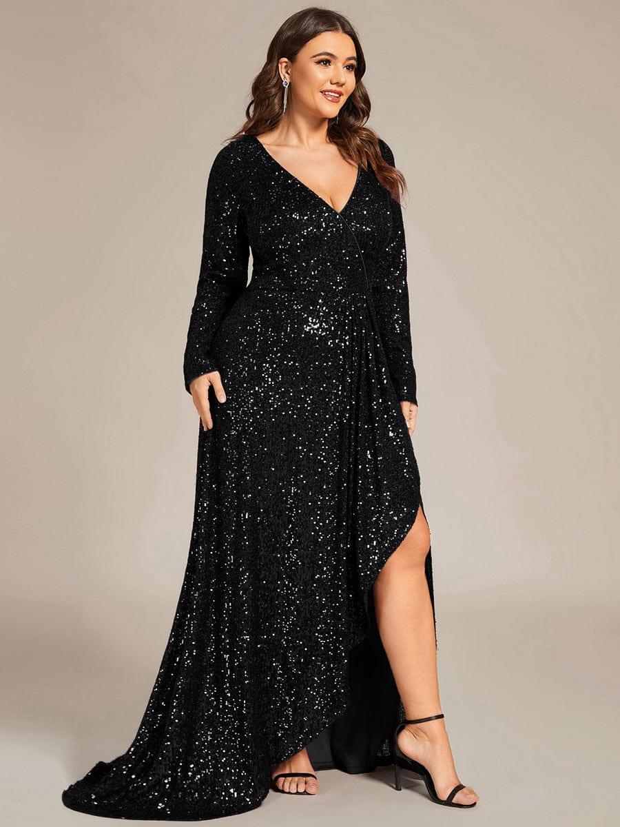 Robe de soirée manches longues col en V à sequins ourlet asymétrique #Couleur_Noir