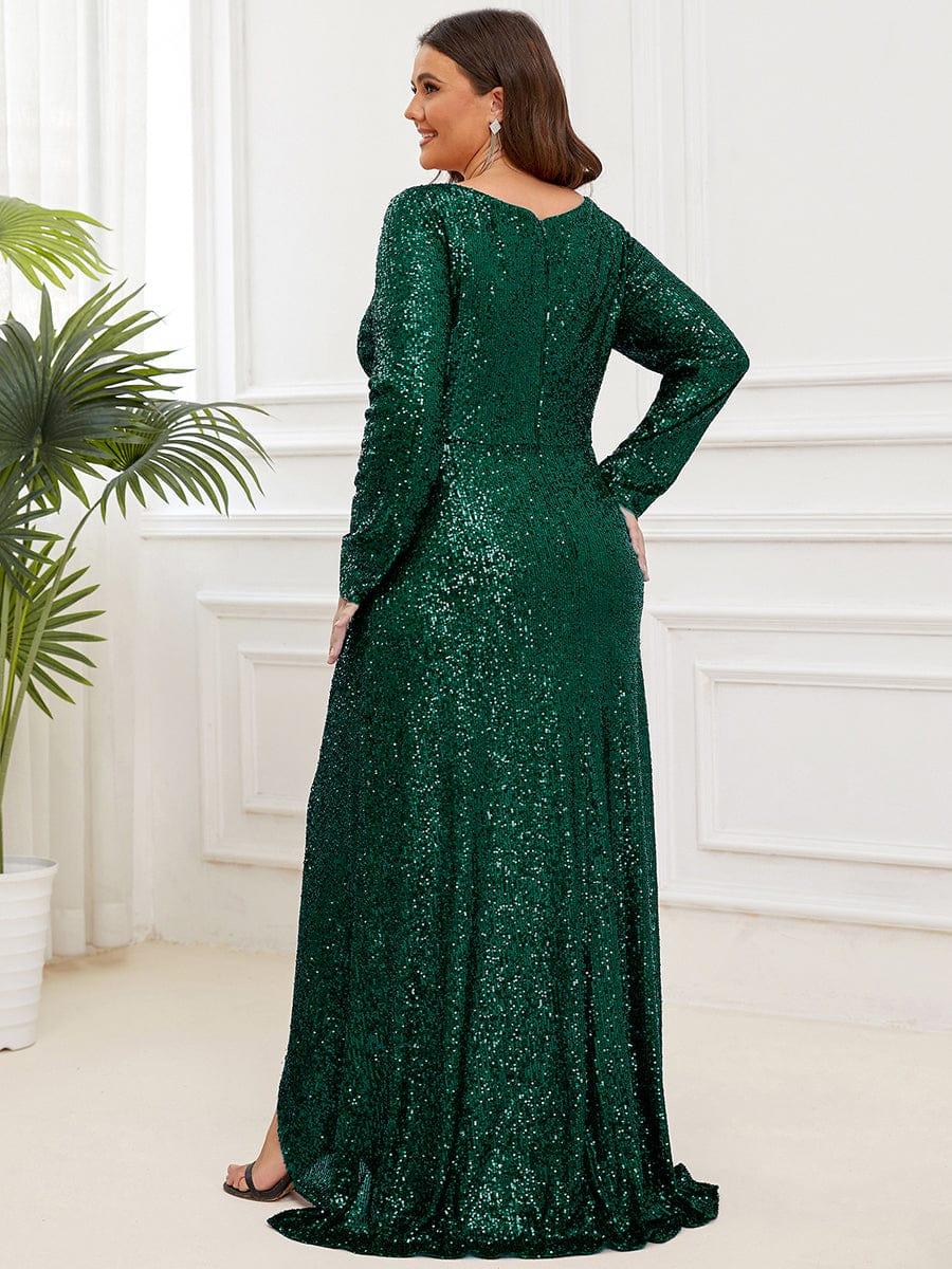Robe de soirée manches longues col en V à sequins ourlet asymétrique #Couleur_Vert Fonce