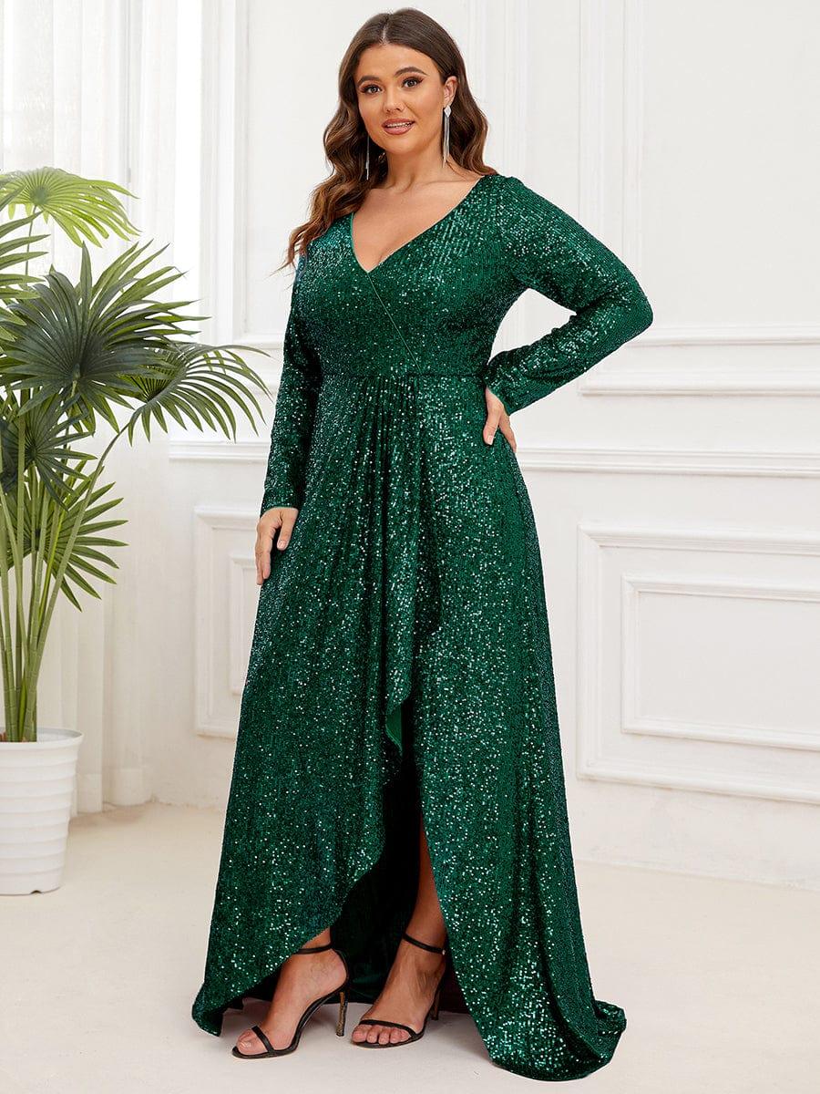 Robe de soirée manches longues col en V à sequins ourlet asymétrique