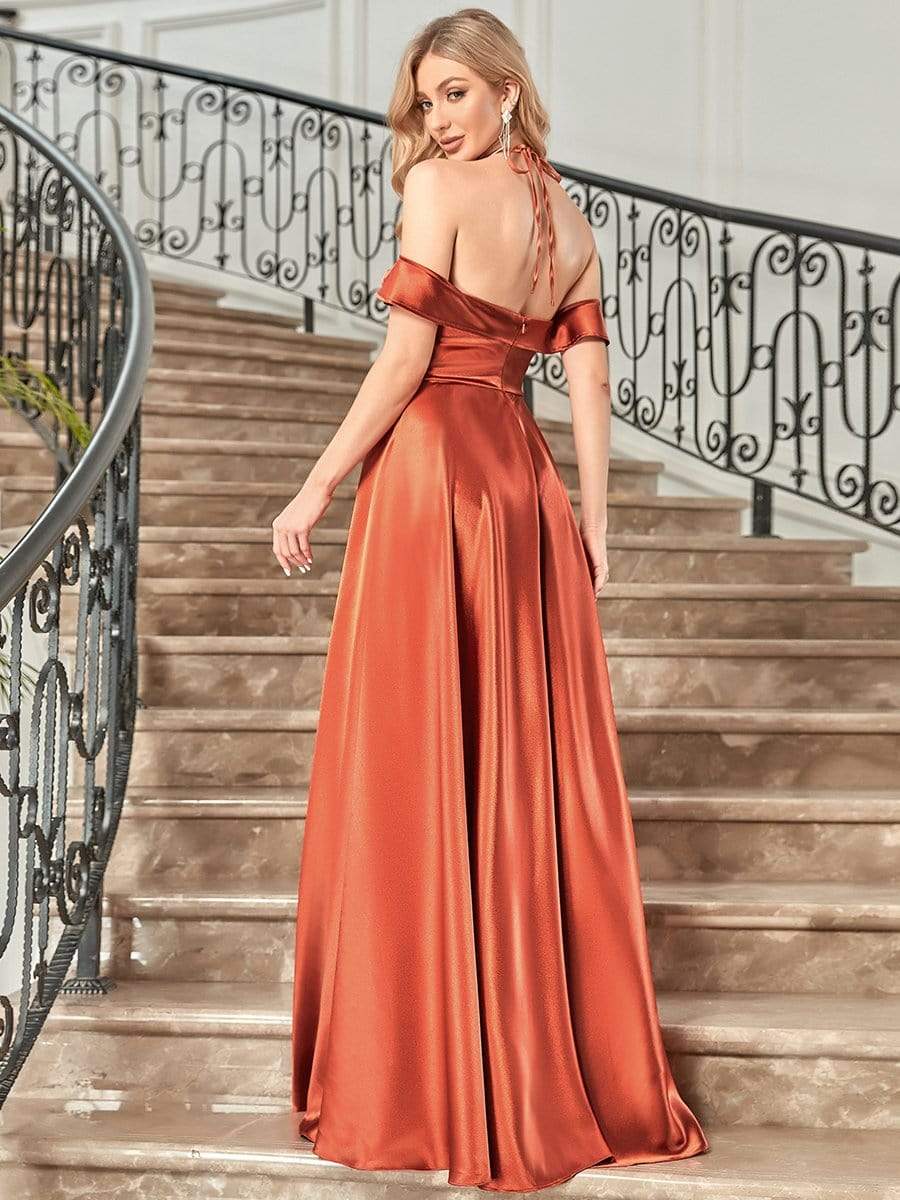 Superbe robe de soirée en satin à épaules dénudées et longueur au sol #Couleur_Burnt Orange