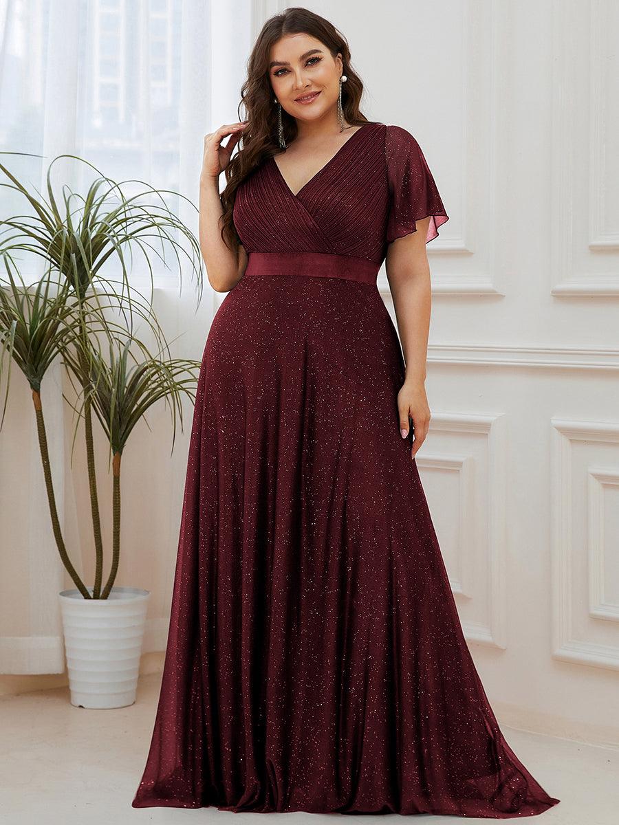 Robe de soirée grande taille manches courtes et col en V #Couleur_Bordeaux