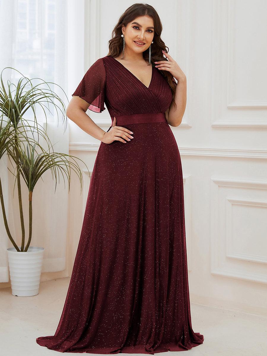 Robe de soirée grande taille manches courtes et col en V #Couleur_Bordeaux