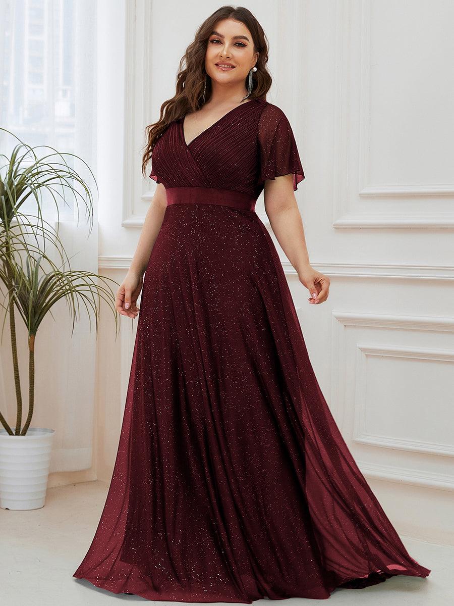 Robe de soirée grande taille manches courtes et col en V #Couleur_Bordeaux