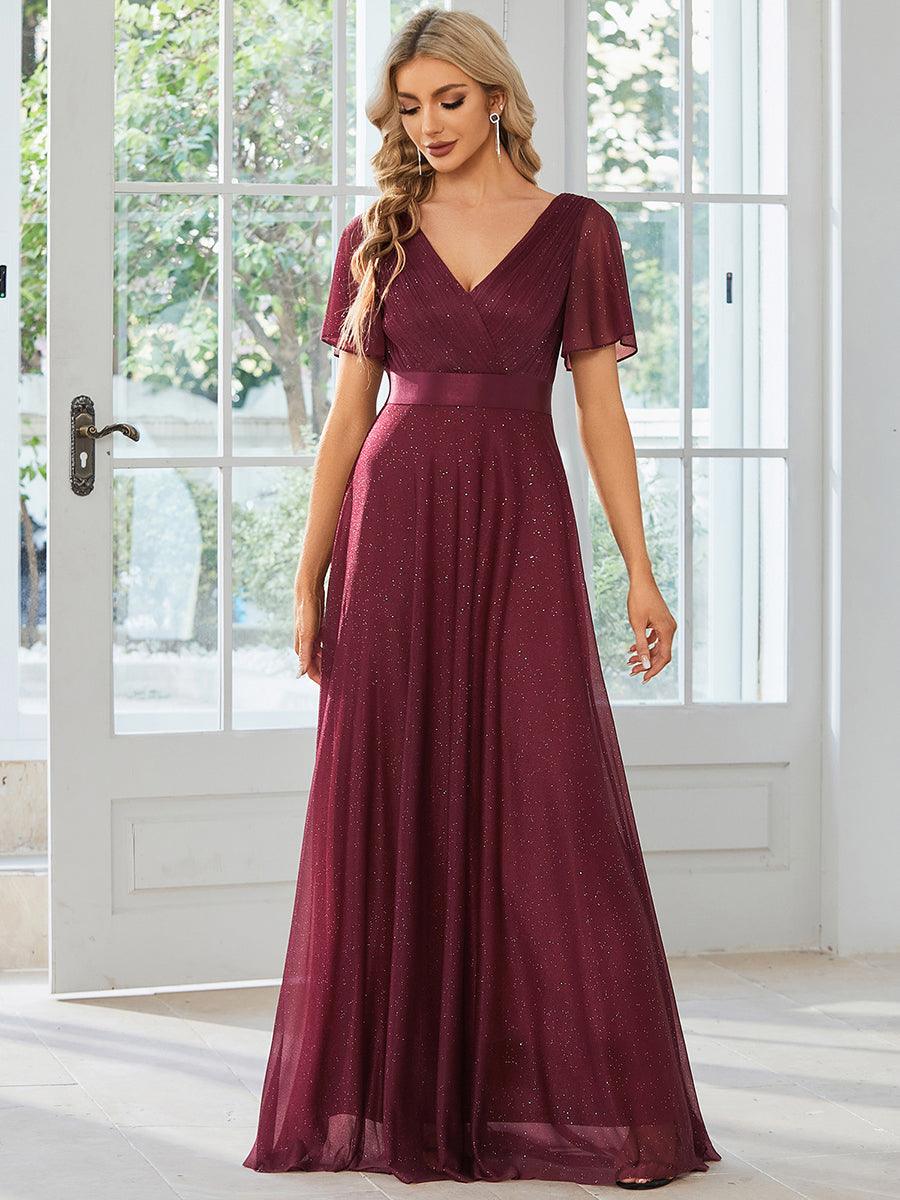 Robe de soirée longue scintillante à col en V et à manches flottantes #Couleur_Bordeaux