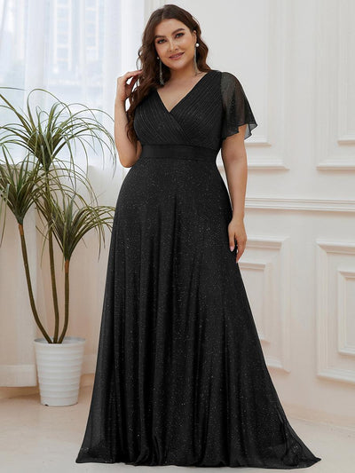 pretty LIORÉ|Robe de soirée grande taille manches courtes et col en V