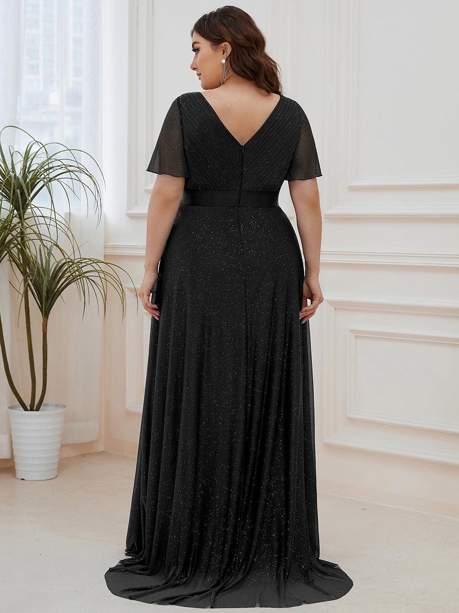 Robe de soirée grande taille manches courtes et col en V #Couleur_Noir