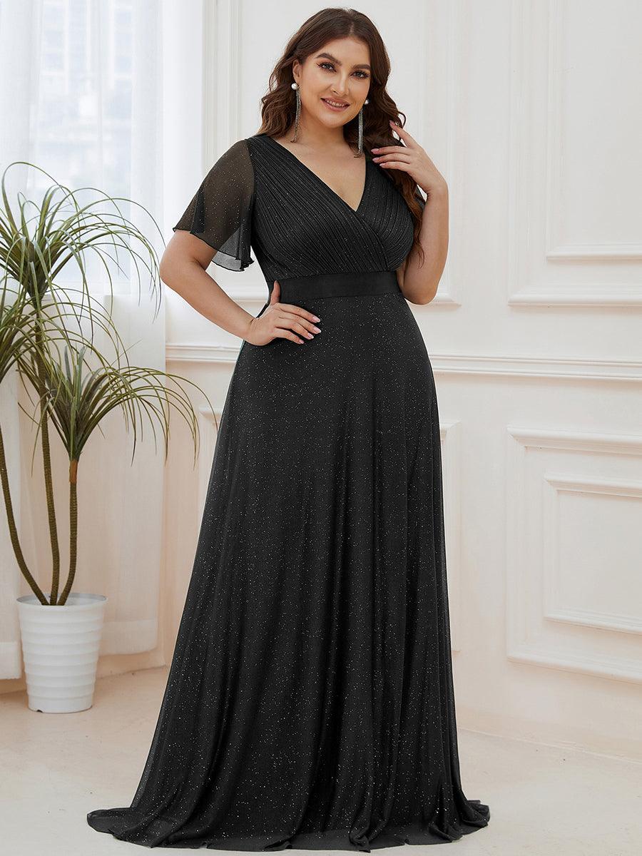 Robe de soirée grande taille manches courtes et col en V #Couleur_Noir