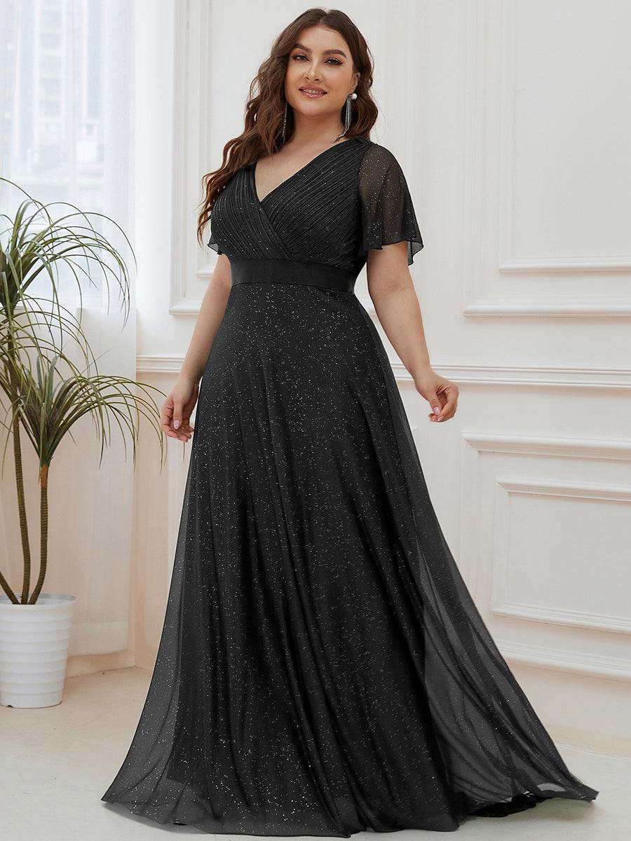 Robe de soirée grande taille manches courtes et col en V #Couleur_Noir